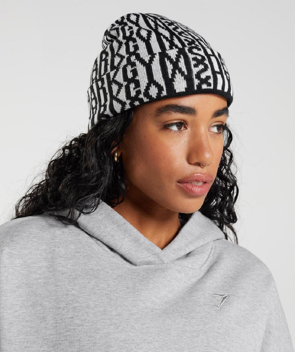 Czapki Damskie Gymshark Reversable Jacquard Beanie Czarne Białe | PL 2095OKI